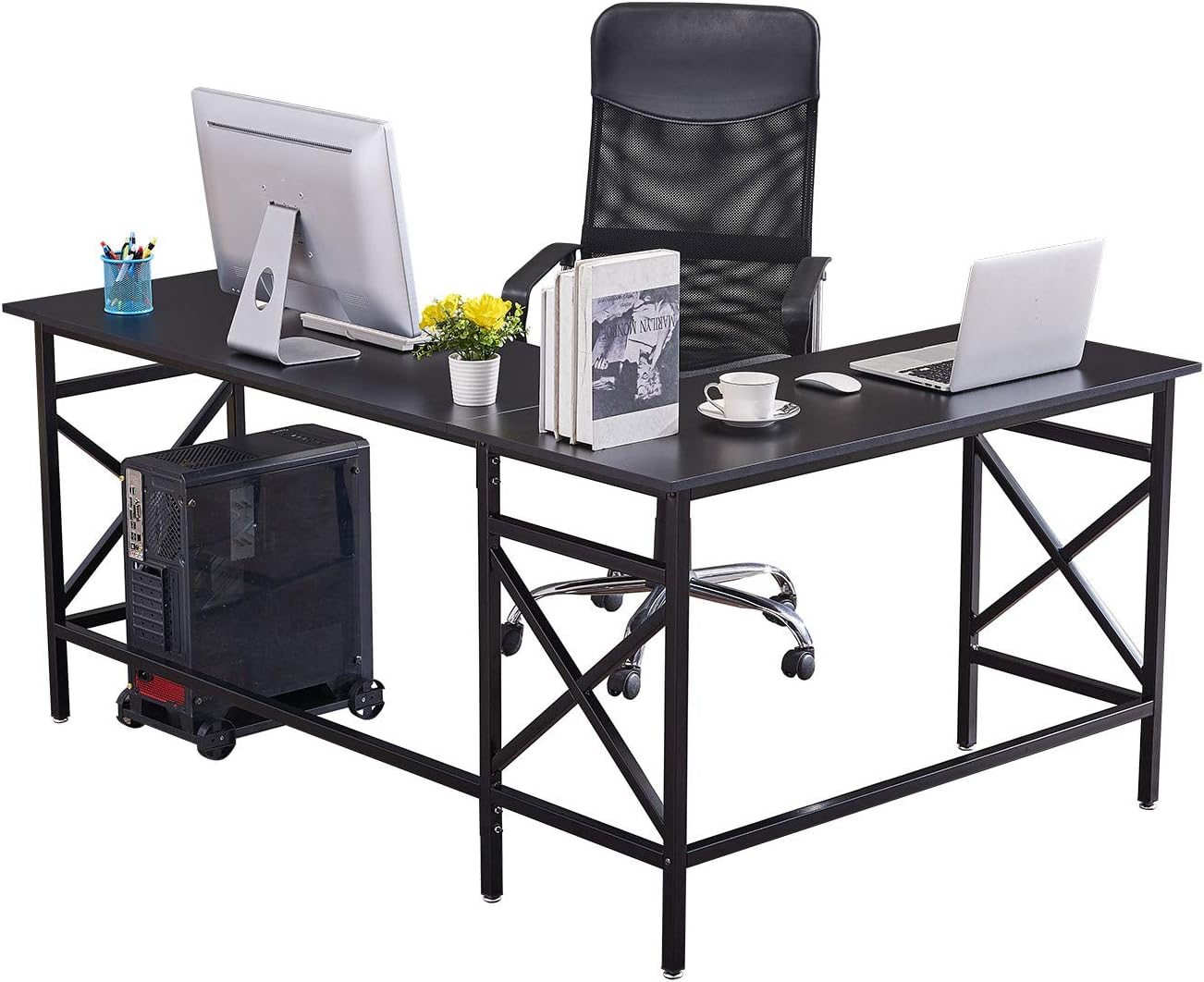 DORAFAIR L Shaped Computer Desk,Home Office Large Corner Gaming Desk,Modern Gaming Laptop Study Table Workstation Spacious Work Area with CPU Stand,Black