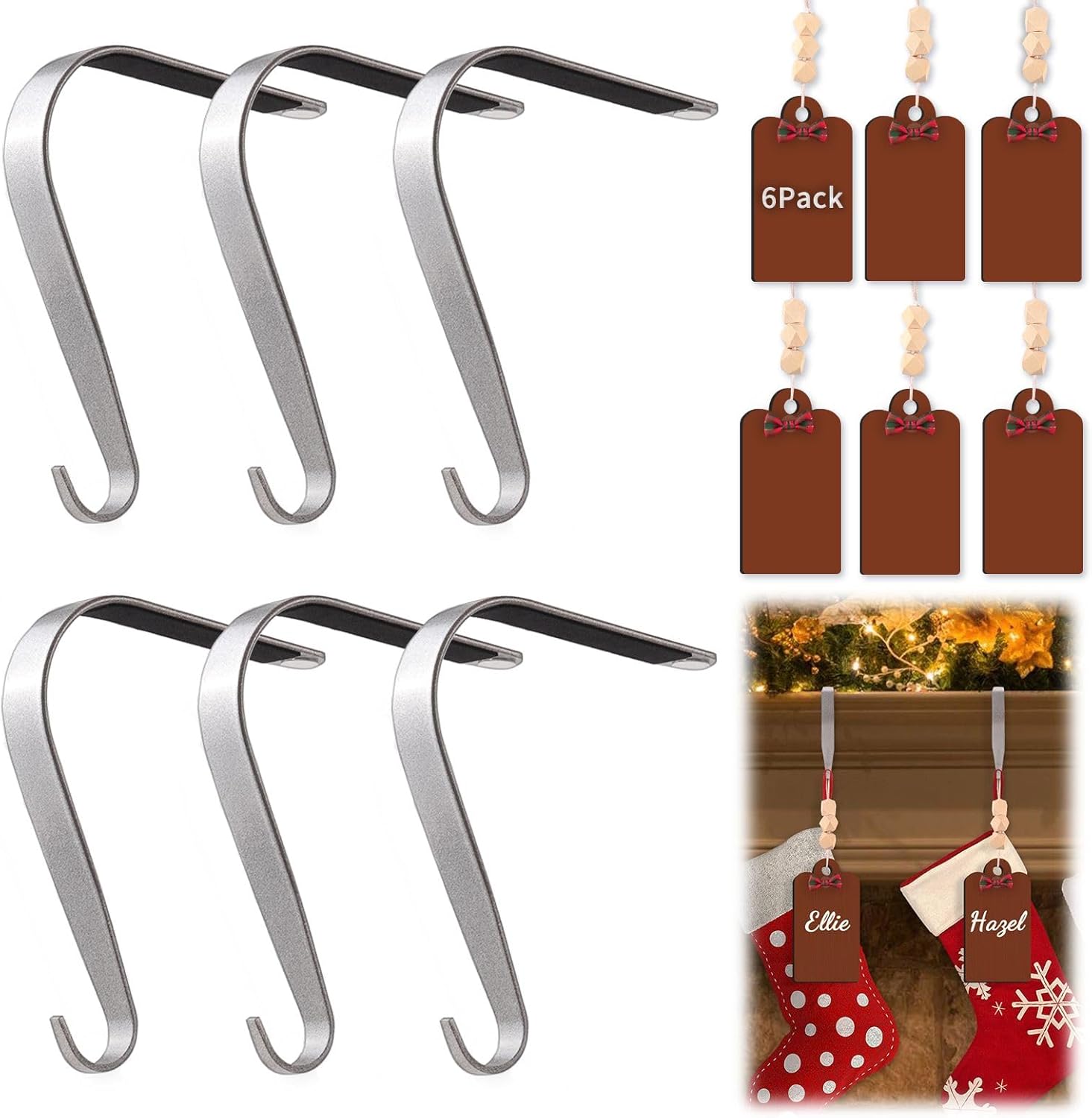 Stockings & Holders - Honitra Stocking Holders for Mantle, Wooden Name Tags for Christmas Stocking Holder, Chirstmas Stocking Holders for Mantle set of 6, Silver Stocking Hooks & Hanger for Mantle, Weighted Stocking Holder