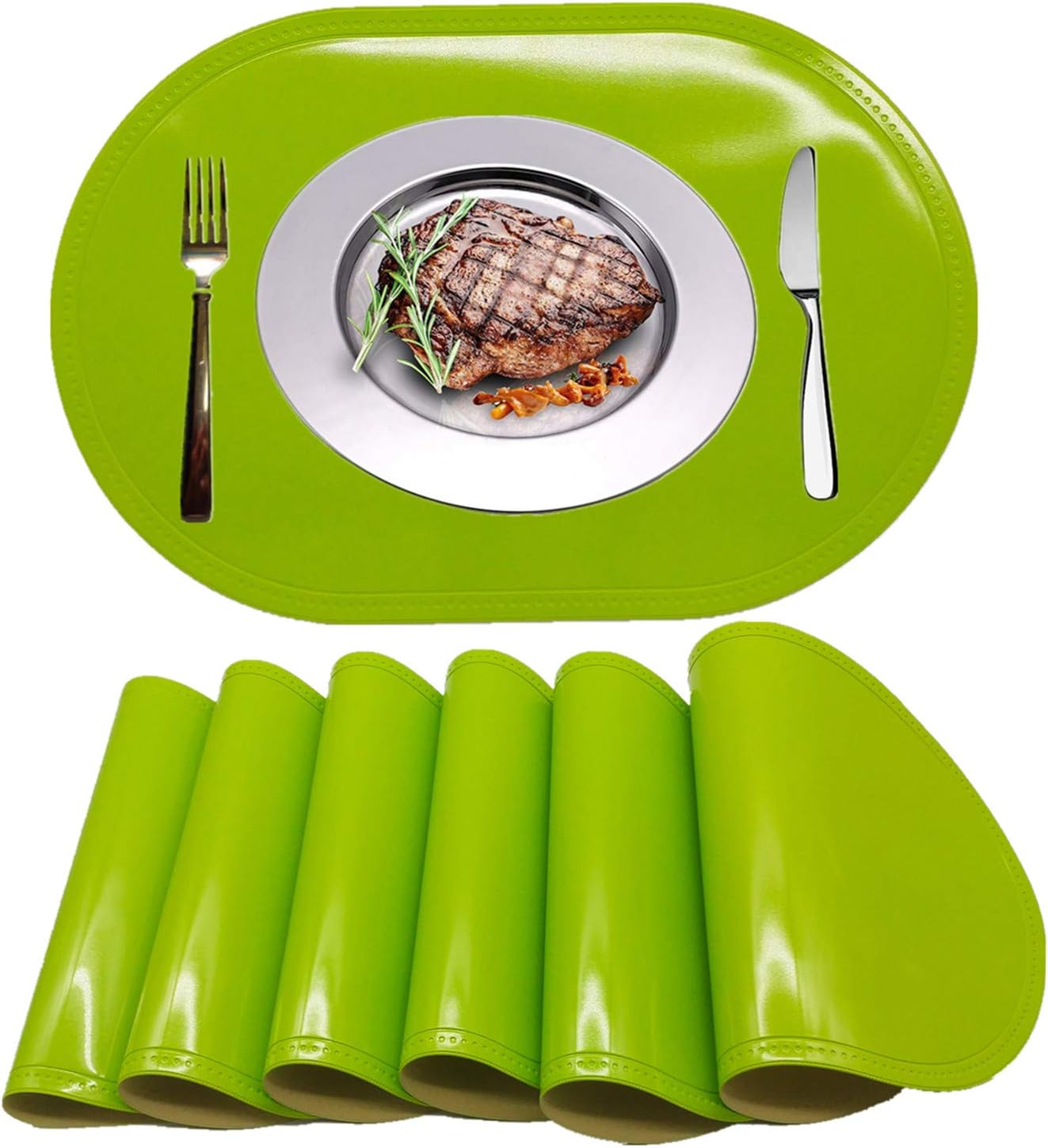 WANGCHAO Placemats Set of 6 Faux Leather Glossy Dining Table mats 12"X18" Waterproof Wearproof WIPEABLE Washable Heat Resistant Thermoforming Place Mats (Oval Placemats, Green): Home & Kitchen