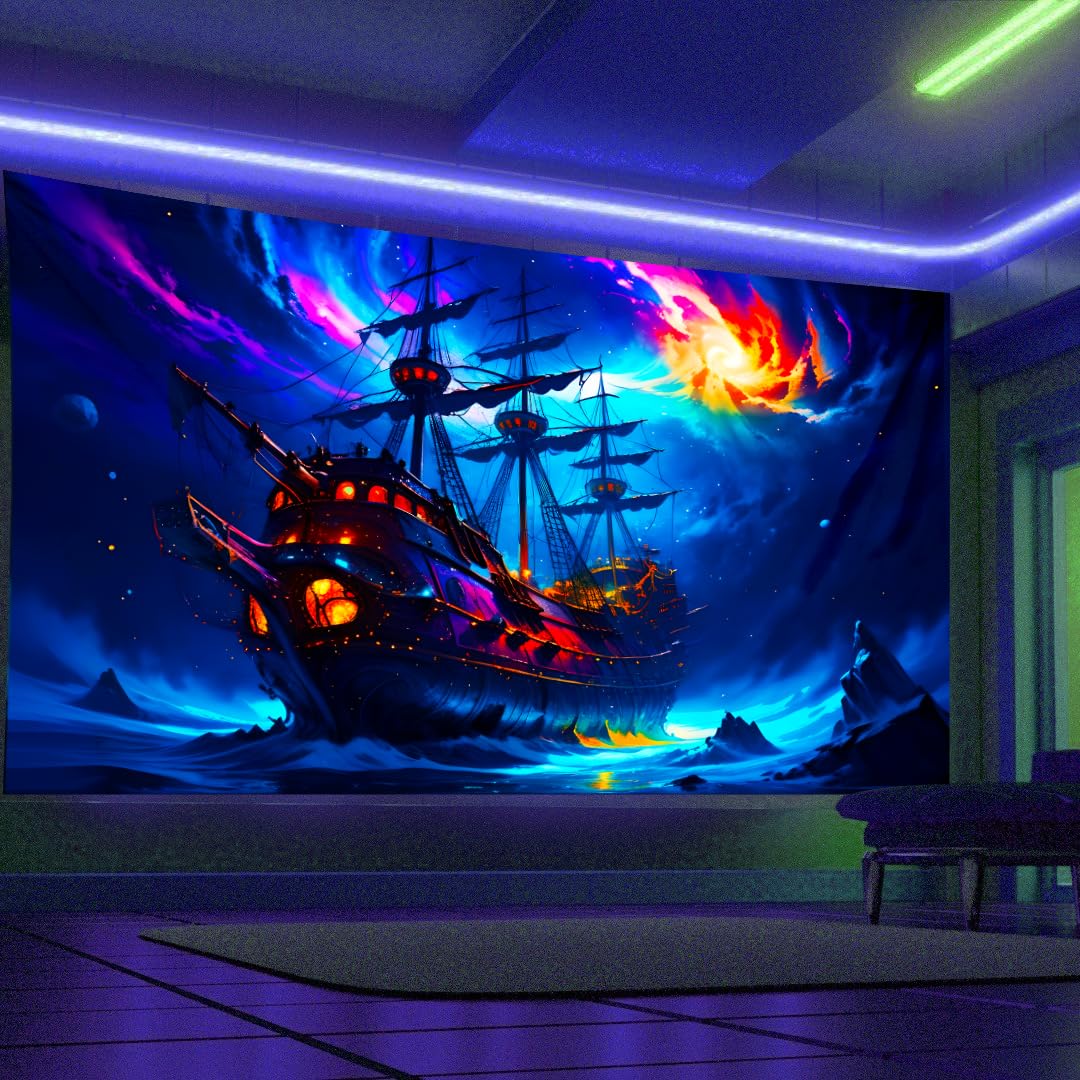 Arsey Blue Ghost Pirate Ship Wall Tapestry UV Reactive Glow In The Dark Sea Landscape Blacklight Tapestry Hippie Ocean Sailboat Extra Large Tapestries Decor Bedroom, 300x180cm