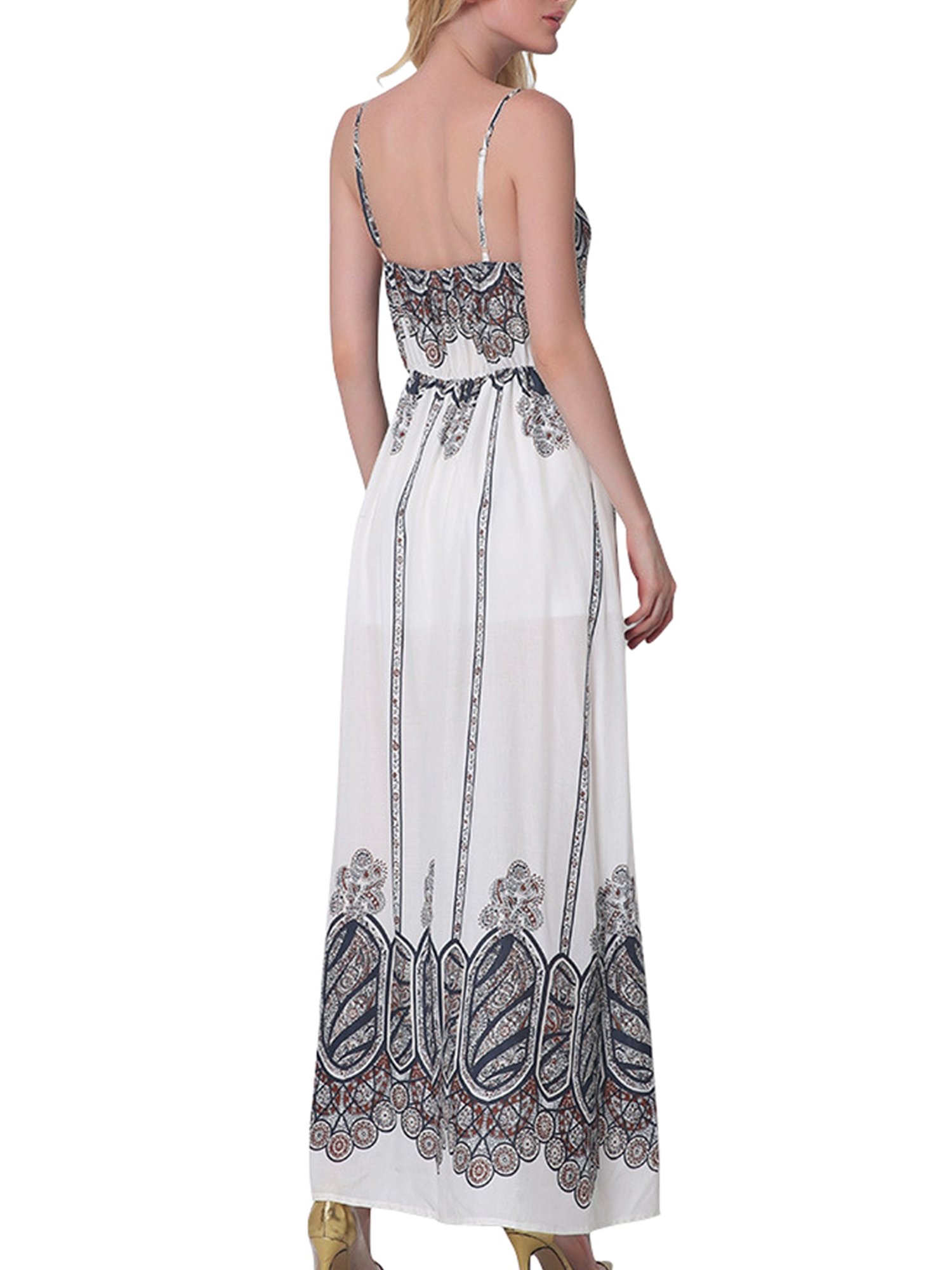 CHIC DIARY Women's Fashion Spaghetti Strap Printed Floral Split Summer Beach Maxi Dress (XXL, Khaki)