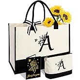 Personalized Gifts for Women - Initial Canvas Tote Bag with Makeup Bag, Custom Bags for Christmas, Beach, Birthday, Holiday, 