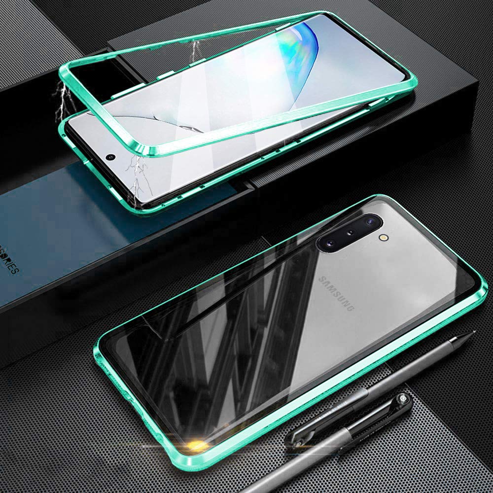 HaptiCase Case for Samsung Galaxy Note 10 Magnetic Cover,Magnetic Adsorption Technology Ultra Thin Metal Aluminum Bumber 9H Tempered Glass Back Cover 360° Shockproof Full Body Protector - Green