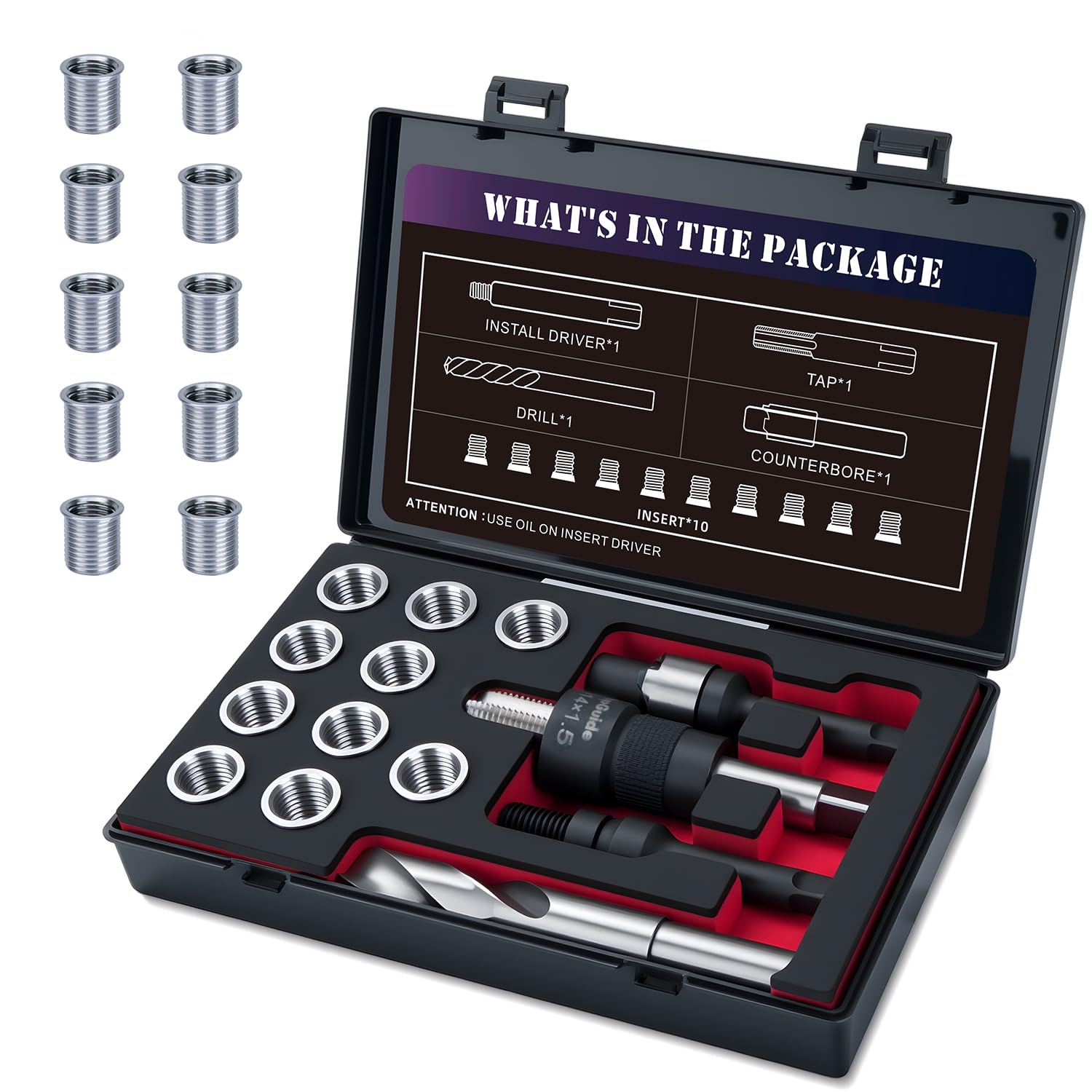 Photo 1 of SENNMONN M14X1.5 Thread Repair Kit with Insert HSS Drill, Tap, Counterbore, Installation Driver, Metric, 10PCS Stainless Steel Insert M14X1.5X17.8MM