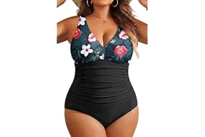 Aqua Eve Women Plus Size One Piece Swimsuits V Neck Tummy Control Bathing Suits Retro Ruched Swimwear