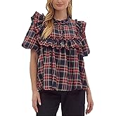 Women Puff Sleeve Plaid Shirts Ruffle Shoulder Collared Checkered Blouses Top Vintage Babydoll Christmas Outfits Y2k