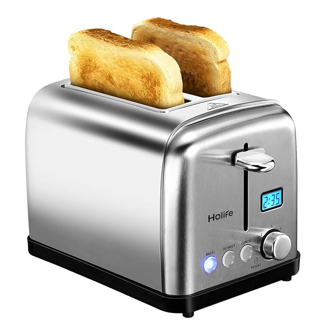 HOLIFE 2 Slice Toaster Stainless Steel [LCD Timer Display] Bagel Toaster ( 6 Bread Shade Settings, Bagel/Defrost/Reheat/Cancel Function, Extra Wide Slots, Removable Crumb Tray, 900W, Silver) best toasters