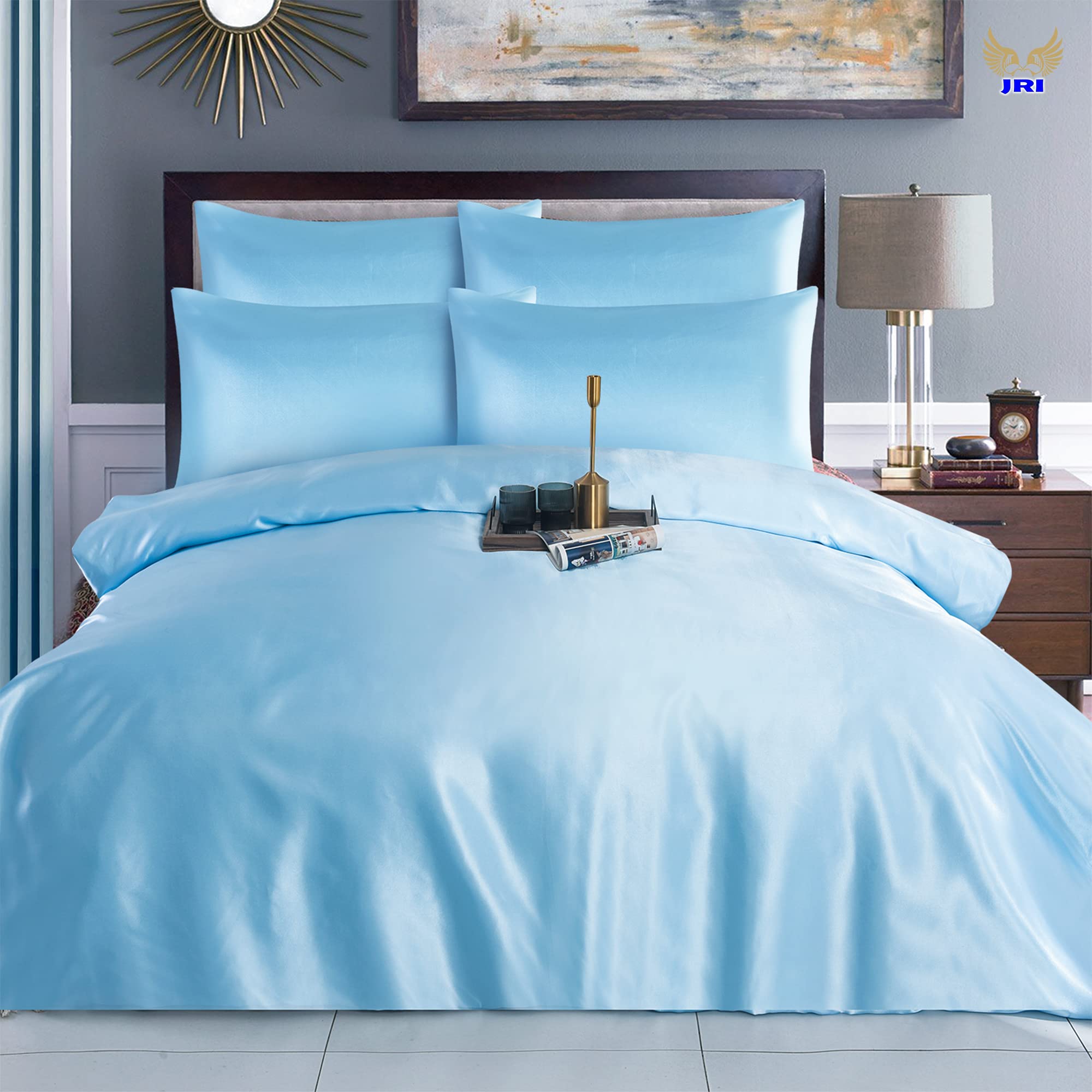 4PCS Satin Duvet Cover Bedding Set Plain Luxury Soft Bed Set Include (1xDuvet Cover, 1xFitted Sheet, 2xHousewife Pillow Case) (Single, Sky Blue)-(Same Day Dispatch)