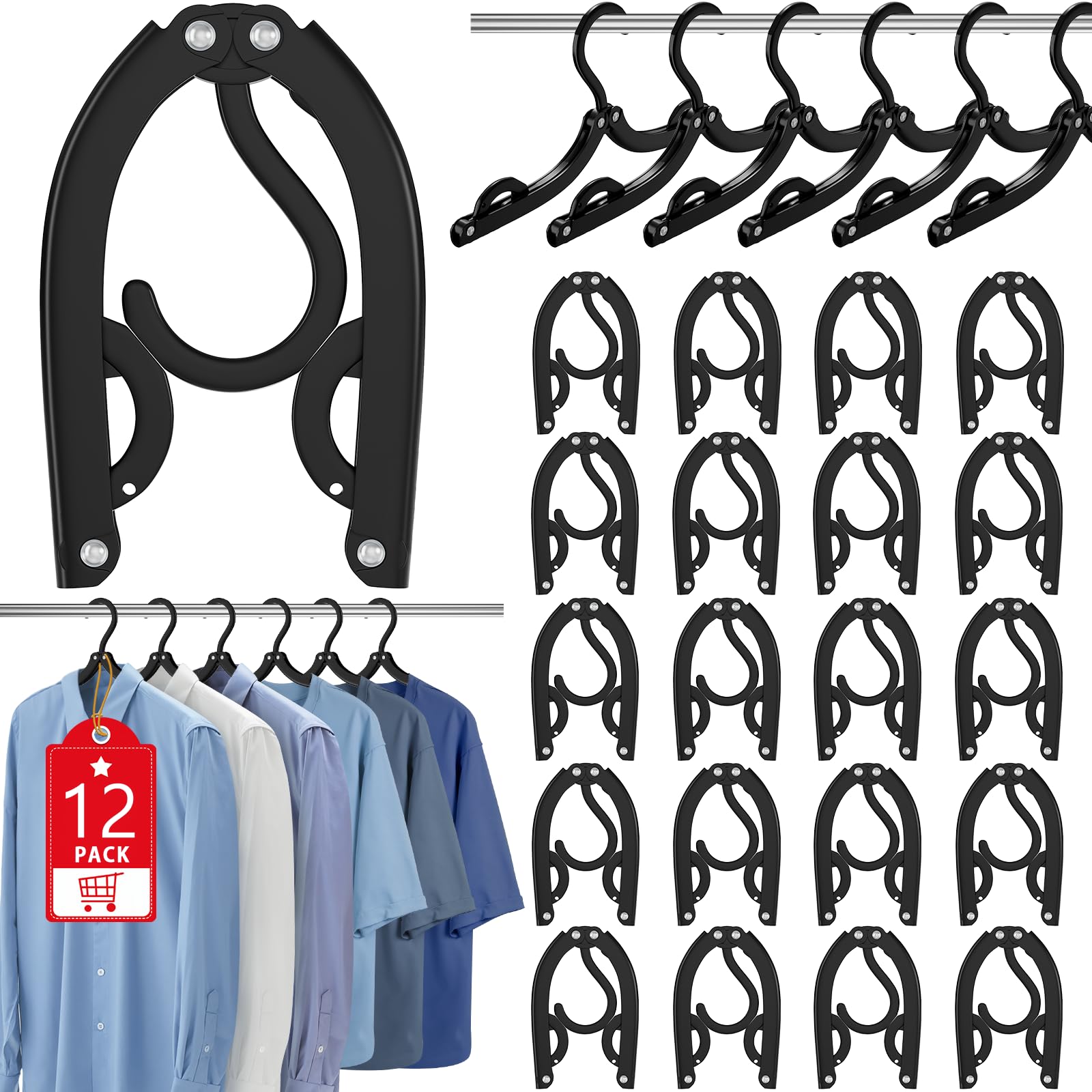 Photo 1 of 12 Pcs Portable Travel Hangers for Cruise Ship Essentials 2025, Plastic Folding Foldable Hangers Clothes Drying Rack Travel Accessories for Suitcase, RV, Camping, Flying, Hotel, Road Trip (Black)