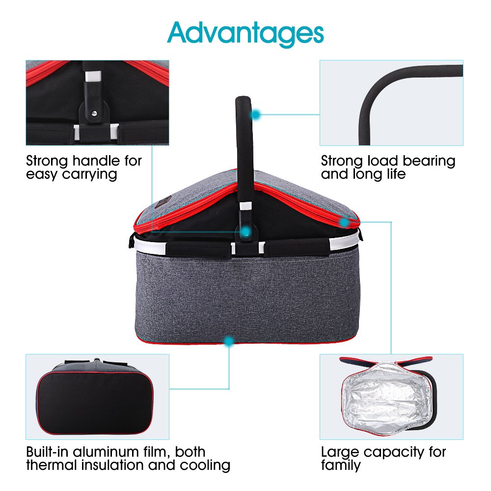 Collapsible Soft Cooler Bag 30L Family Size Insulated Folding Picnic Basket Service for 4 Person’s Food and Drink Keep Hot/Cold/Fresh for Hours Waterproof Insulation Tote With Aluminum Handle-Gray