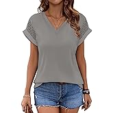 Bliwov Womens Summer Tops V Neck Lace Short Sleeve T Shirts Dressy Casual Business Outfits 2026 Spring Fashion Tee Clothes