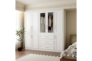 FUFU&GAGA Wardrobe Closet Collection with Doors, Modern White Bedroom Armoire System with Gold Handles, Modern Clothes Storage Cabinet with Drawers, Shelves, Hanging Rods, 79.1”W x 19.3”D x 74.8”H