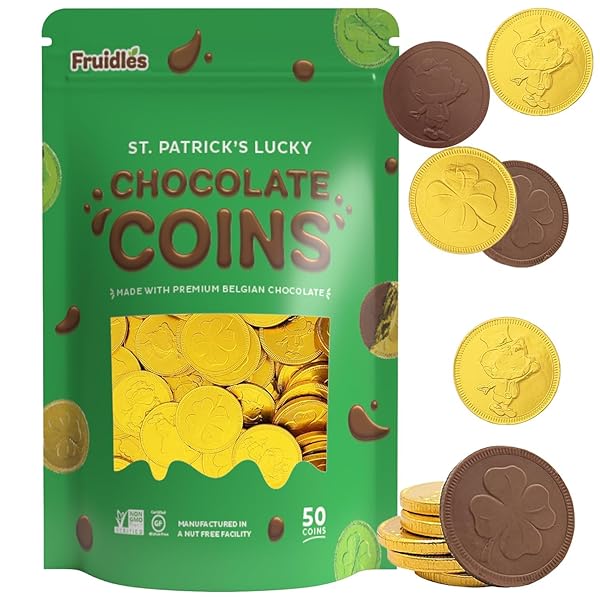 ST. PATRICK’S DAY 50 CHOCOLATE COINS LUCKY GOLD COINS FOILS, SHAMROCK CLOVER BELGIAN MILK CHOCOLATE COINS BAG NUT-FREE SINGLE