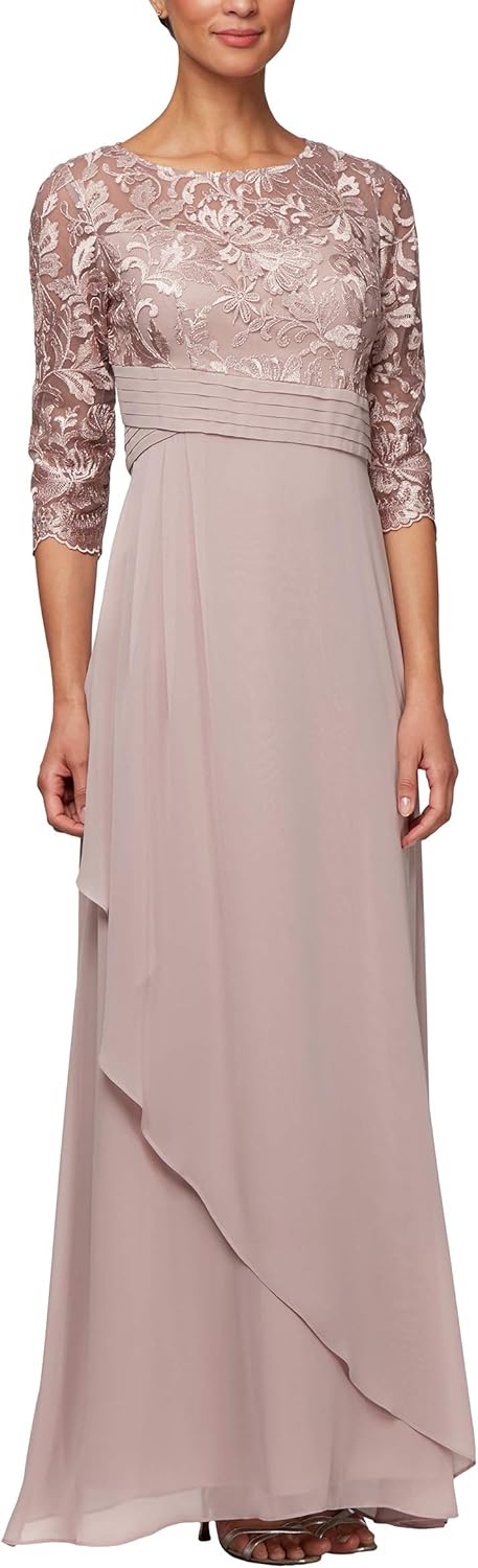Alex Evenings Women's Long V-Neck Lace Dress with Overlay Skirt at  Women’s Clothing store