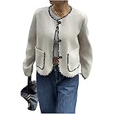 GORGLITTER Women's Cropped Jacket Button Up Leopard Trim Fall Dressy Long Sleeve Crew Neck Coat with Pockets