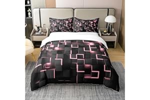 Feelyou Pink and Black Bedding Duvet Cover Set 100% Cotton King Size Light Geometric Bedding Set for Kids Boys Girls Geometry