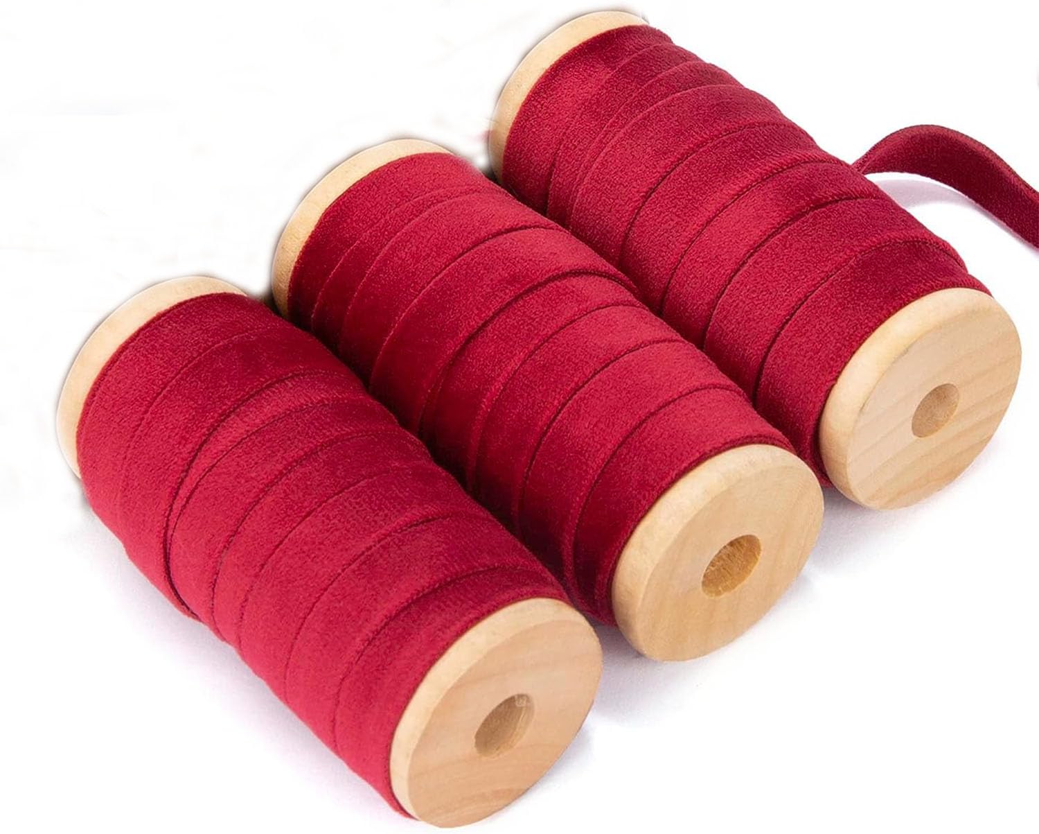 FLCSIed Velvet Ribbon Set 3/8"" x 15Yd Wooden Spool Fabric Trim Eco-Friendly 3 Rolls * 5Yd for Christmas Wreath Decoration Handmade Craft Ornaments Gift Wrapping (Burgundy)