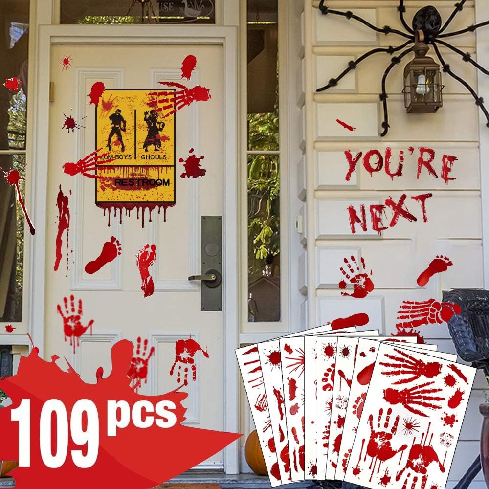 Halloween Decorations Window Decals Wall Stickers Decor 109 Pcs, Halloween Decoration Indoor Scary Bloody Decorations Indoor Bloody Handprint Footprint for Bathroom Office Window Wall Door