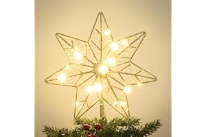 YEAHOME Christmas Tree Topper, Gold Glittered Hollow 7-Point Star Tree Topper, Lighted Wire Star with 20 LED Lights for Christmas Treetop, Xmas Tree Topper with Timer, Christmas Tree Decorations