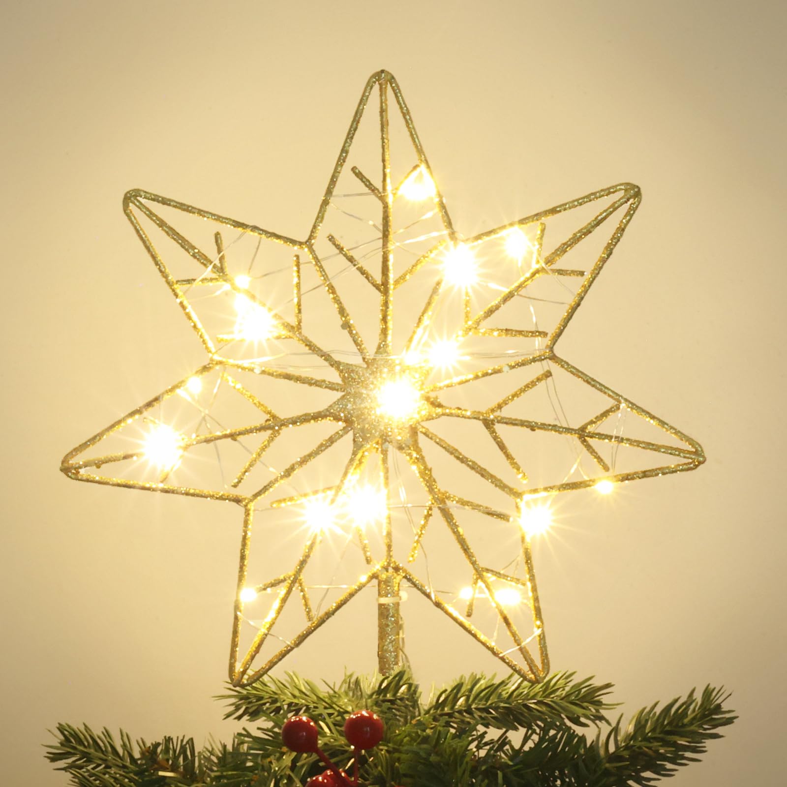 Photo 1 of *UNTESTED*
YEAHOME Christmas Tree Topper, Gold Glittered Hollow 7-Point Star Tree Topper, Lighted Wire Star with 20 LED Lights for Christmas Treetop, Xmas Tree Topper with Timer, Christmas Tree Decorations