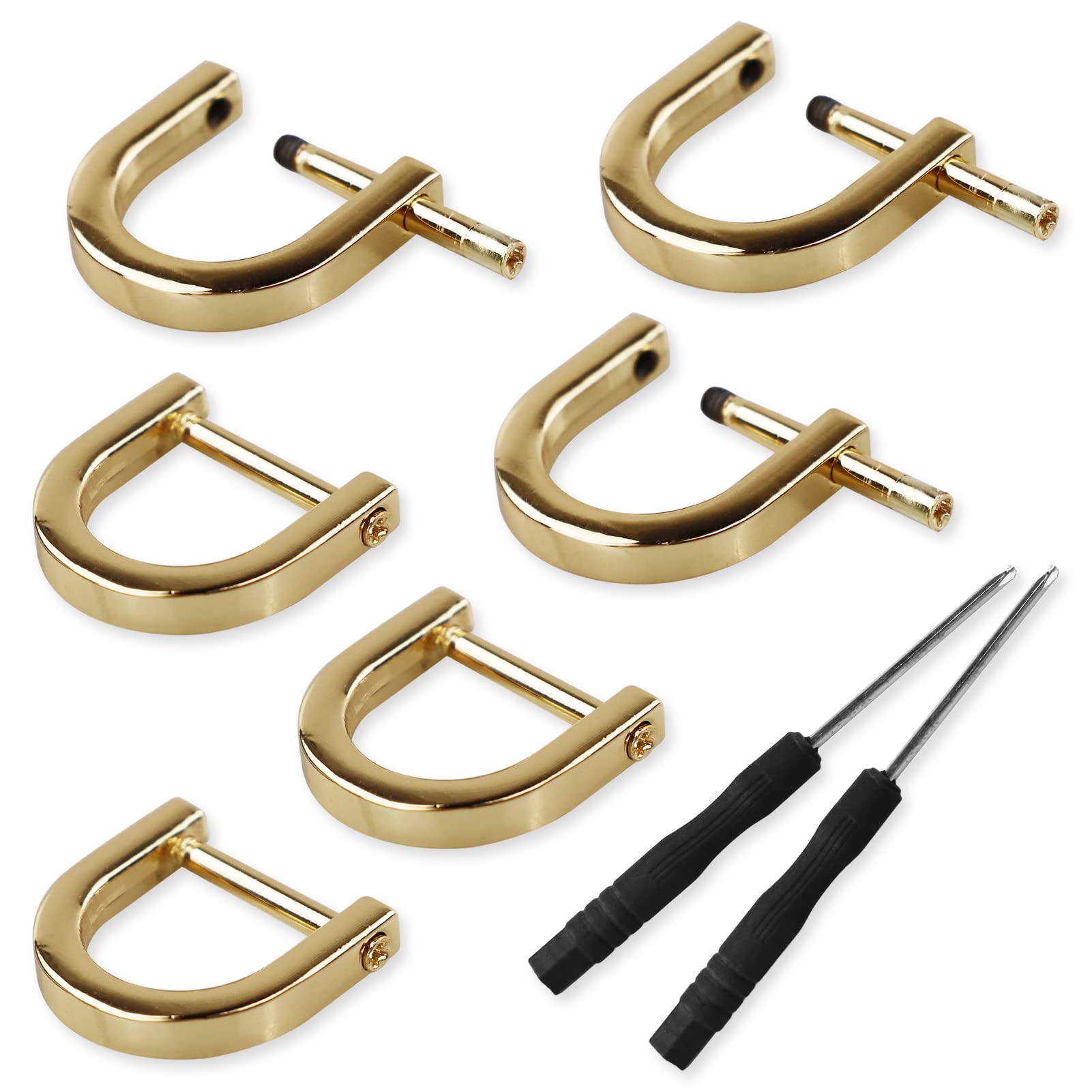 LAMXD 6 Sets D-Rings with Closing Screw, Horseshoe U Shape D Ring, Gold D Rings Buckle for Bags or Purses Screw in Shackle Semicircle, D Ring with Screwdriver for DIY Leather Craft Accessories