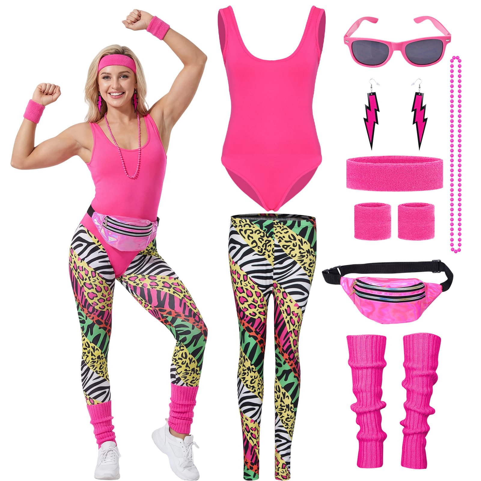 Aleshime 80s Fancy Dress Costume for Women – 80s Workout Outfit with Neon Bodysuit, Animal Print Leggings & Retro Accessories for 1980s Theme Party, Hen Do, Festival