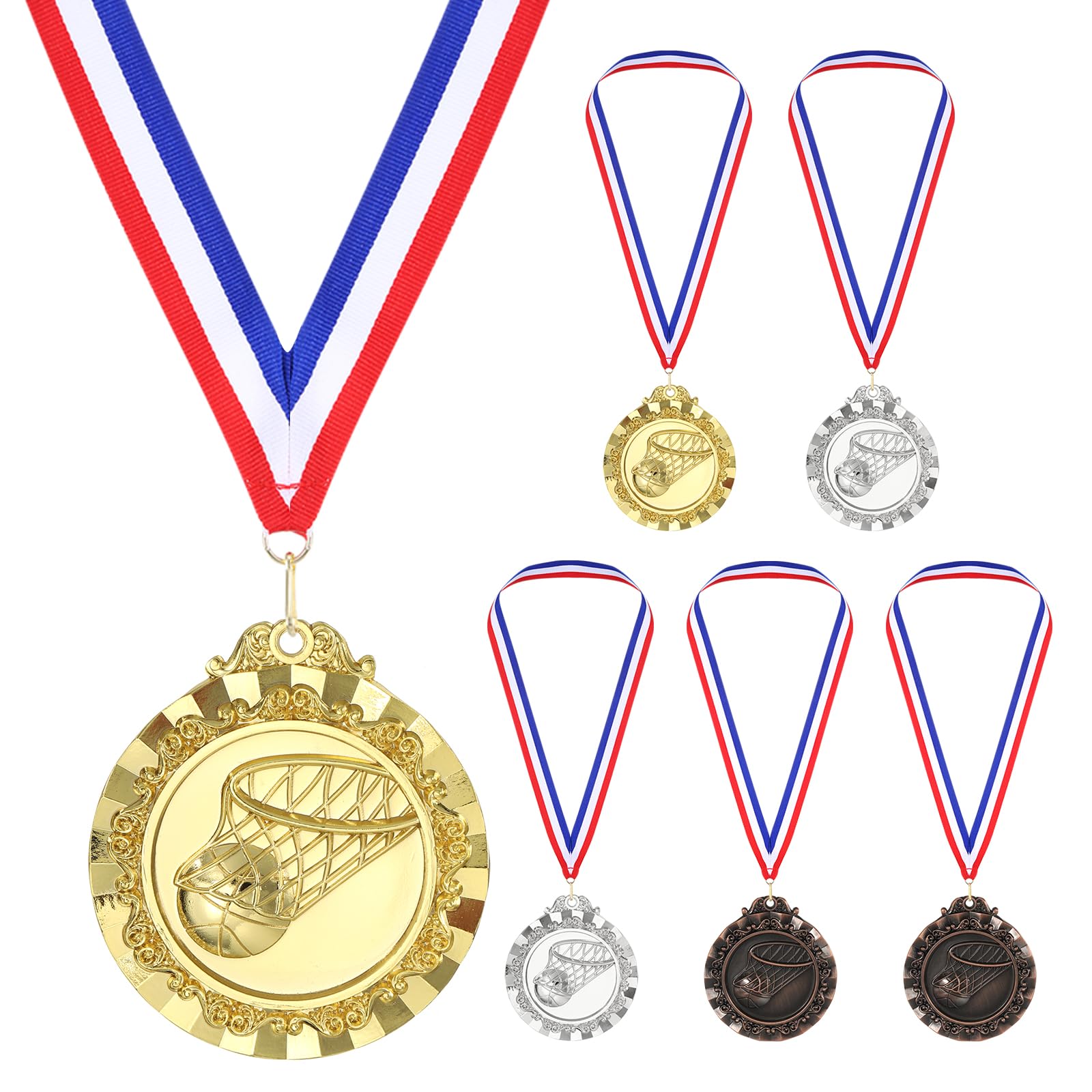 PATIKIL 2.6" Gold Silver Copper Basketball Medals, 6 Pack Basketball Award Medals with Ribbon Red White for Games Sports Competitions