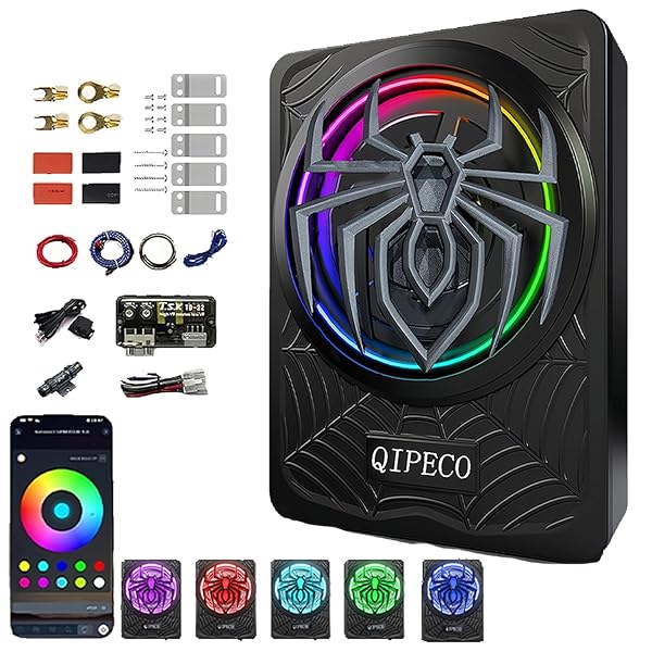 10″ 1200W SLIM UNDERSEAT POWERED CAR SUBWOOFER AND AMP PACKAGE WITH RGB BEAT-SYNCED LIGHT, BUILT IN AMP INDIVIDUAL CONTROL FOR LOW PASS/GAIN/BOOST BASS FOR TRUCK/SUV/JEEP/MPV