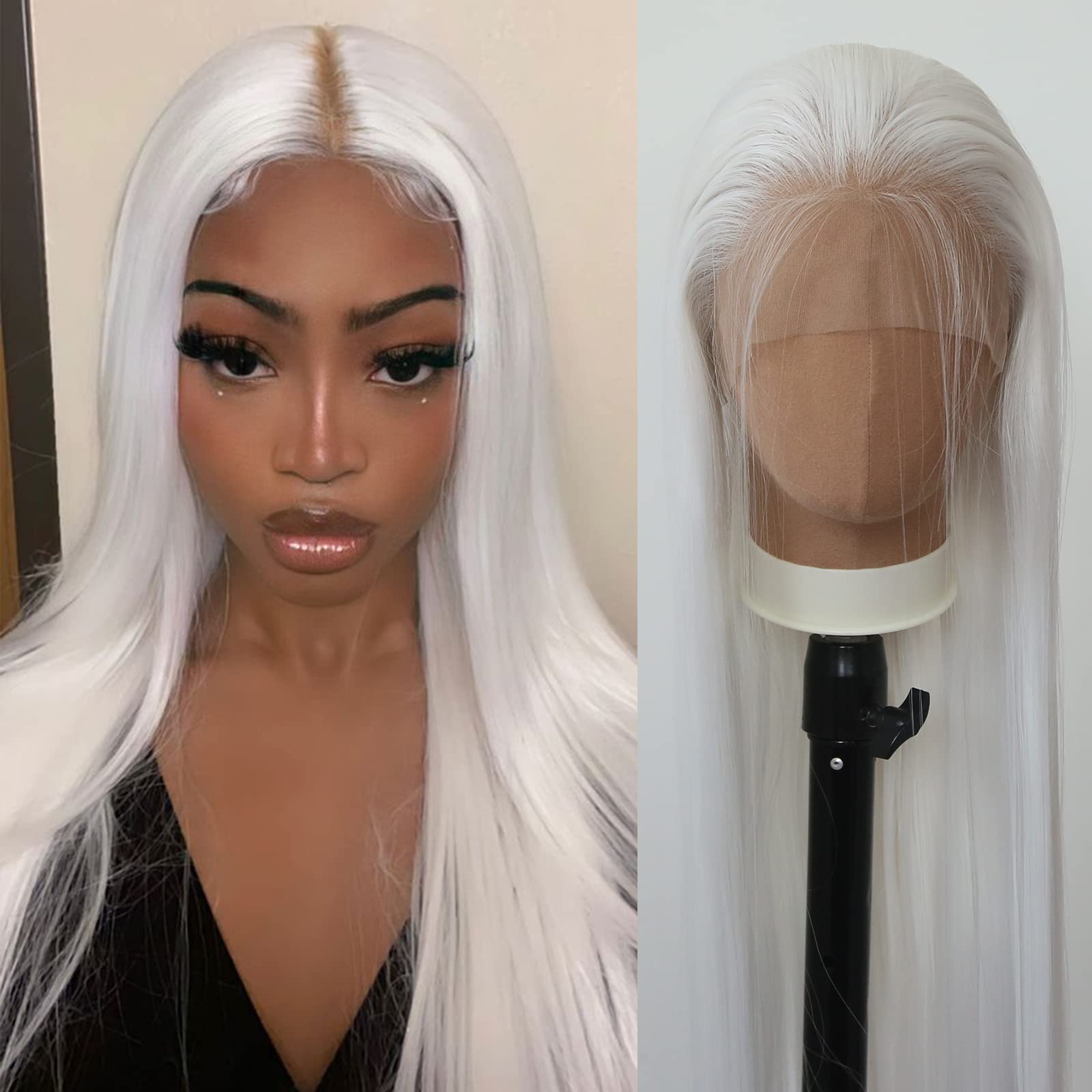 Towarm Long Straight Snow White Synthetic Lace Front Wig Pre Plucked Natural Hairline with Baby Hair for Black Women Heat Resistant Fiber Hair Cosplay Daily Wear Wig — image 1