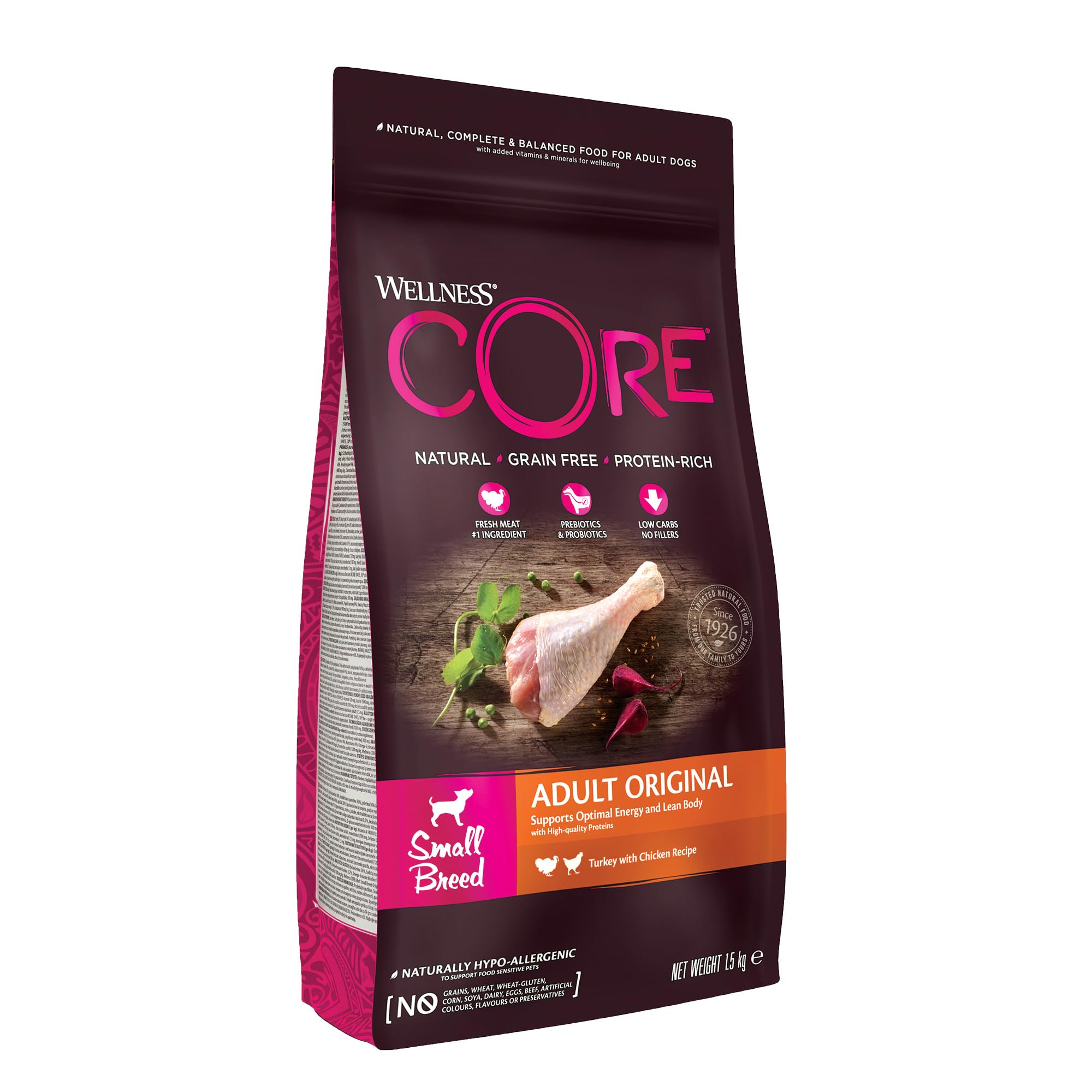 Wellness CORE Original 1.5 kg, Chicken & Turkey – Dry Dog Food for Small Breeds, Grain-Free, Natural, Hypoallergenic, Protein-Rich, High Meat Content, Supports Optimal Energy & Lean Body