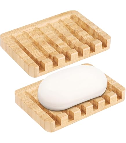 WESIEVYA Lot de 2 Porte-Savons de Salle de Bain en Bambou 11,5X8X2,2 CM Drainage Automatique, Écologique, Ventilé et Anti-Mouillure, Cuisine, Bain et Lavabo