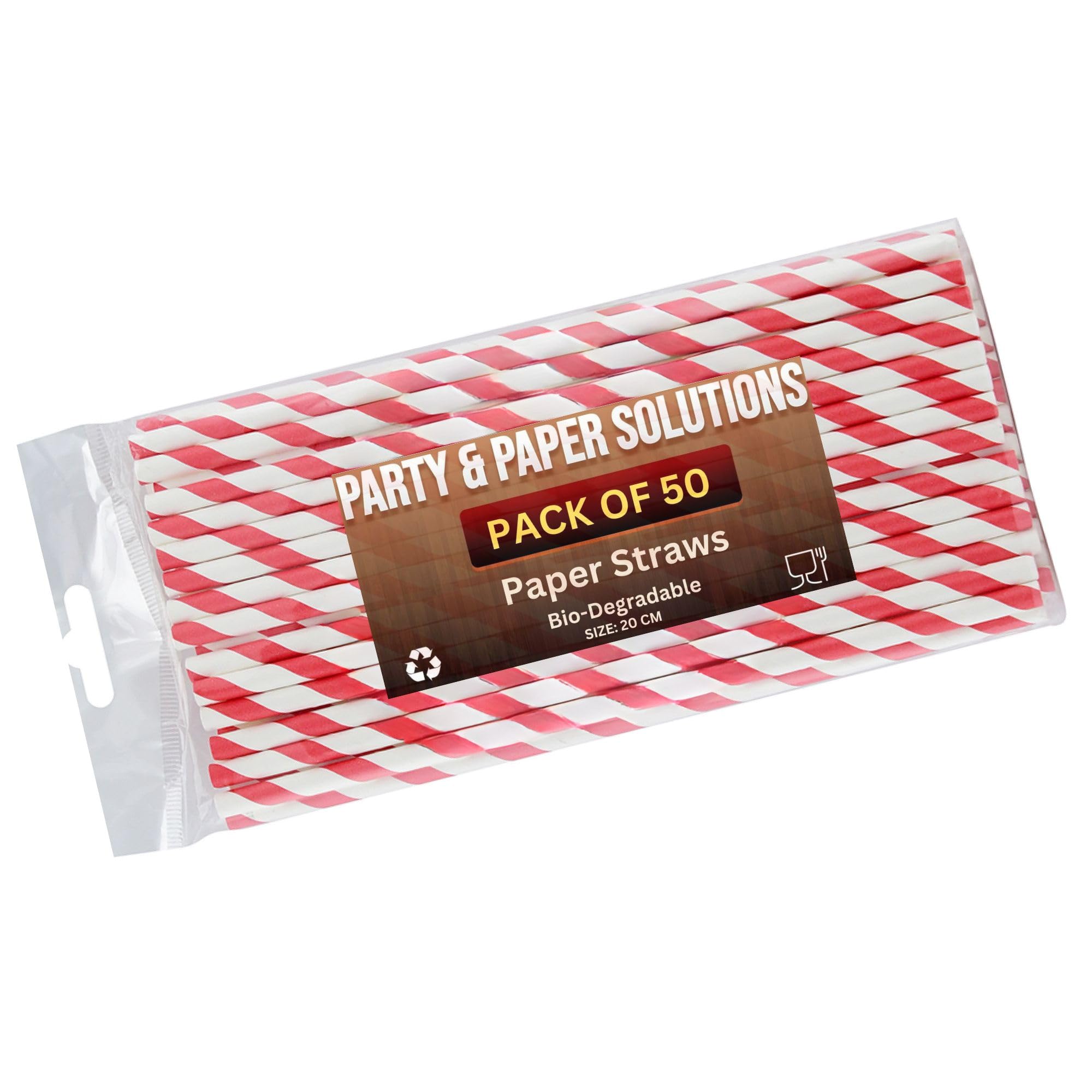 Party Paper Solutions paper drinking straws, red and white striped, biodegradable, environmentally friendly, approx. 20 cm, 50 pieces.
