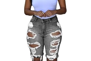 roswear Women's Ripped Denim Destroyed Mid Rise Stretchy Bermuda Shorts Jeans