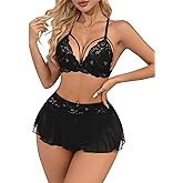 Vicarly Sexy Floral Lace Mesh Sheer Lingerie Set 3 Piece with Thong