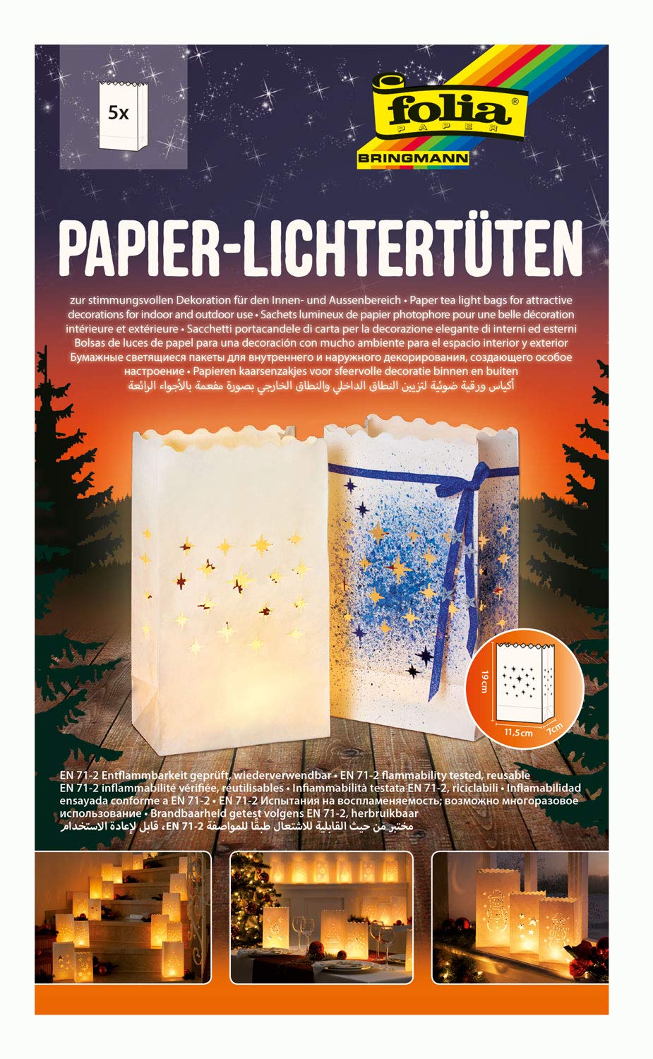 folia 11907 – Light Bags Made of Flame Retardant Paper, Sparkling Stars, Pack of 5, Approx. 19 x 11.5 x 7 cm, Atmospheric Table Decoration for Advent and Christmas