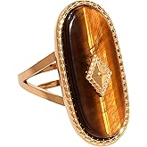 ArixGlvm Tigers Eye Ring, Adjustable Stainless Steel Natural Stone Rings for Women, Vintage Chunky Gold Jewelry