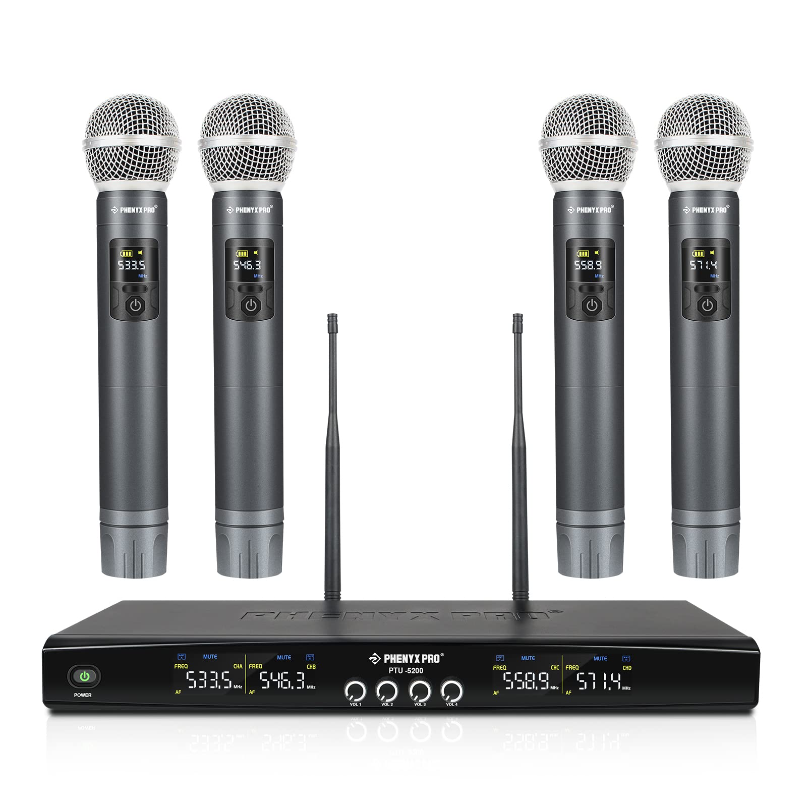 Phenyx Pro Wireless Microphone System, Metal Wireless Mic Set with 4 Cordless Mics, 4x25 UHF Adjustable Frequencies, 200ft Range, Dynamic Microphones for Singing, Karaoke, Church, DJ (PTU-5200-4H)