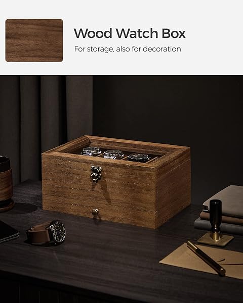 SONGMICS 8-SLOT WATCH BOX, 2-TIER WATCH DISPLAY CASE WITH LARGE GLASS LID, REMOVABLE PILLOWS, VELVET LINING, JEWELRY BOX, GIFT IDEA, RUSTIC WALNUT UJOW008K01