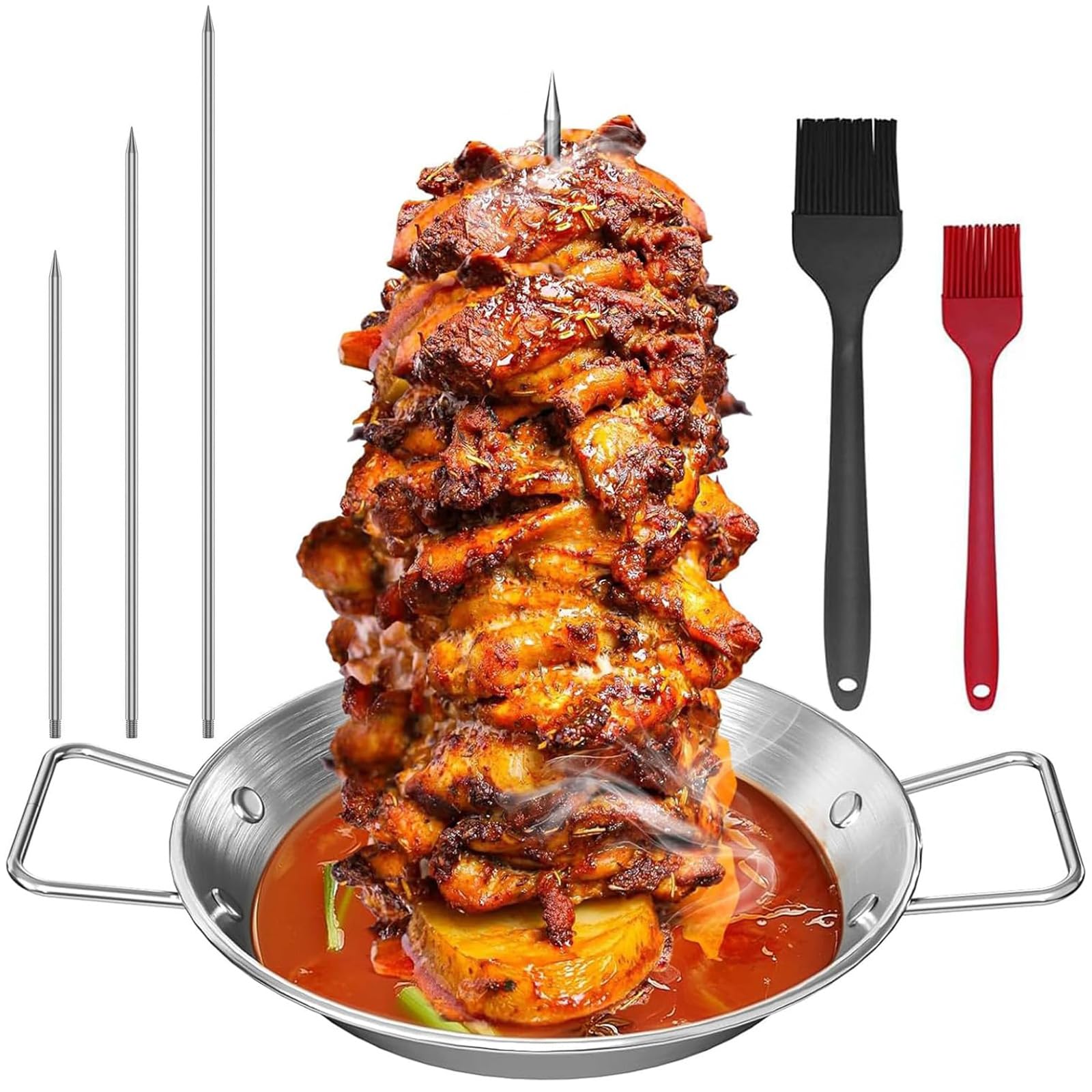 Vertical Kebab Skewer Stand, Stainless Steel BBQ Kebab Plate and Skewer with 3 Different Sizes Replacement Spikes for Steak, Chicken, Fish, Turkey Kebab
