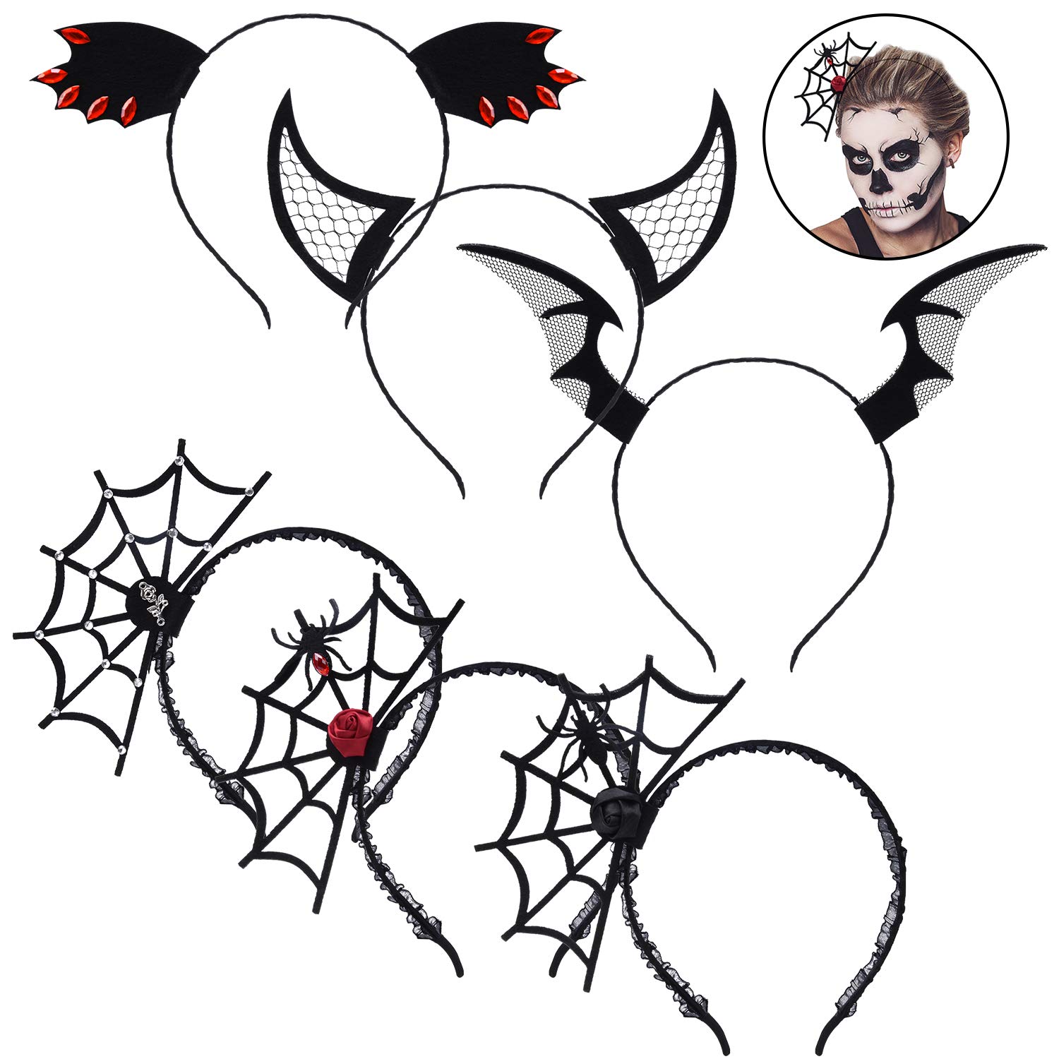 ZOYLINK 6 PCS Halloween Haarreif -Teufelshörner Haarreif, Spinnen Kopfschmuck und Fledermaus Stirnband Karneval Fasching Halloween Mädchen Dame
