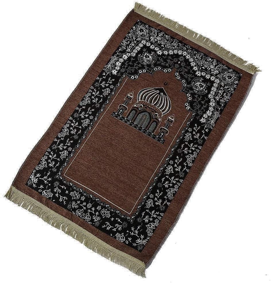 Sandala Thin Soft Chenille Islamic Muslim Prayer Rug Ramadan Carpet Mat Mosque Tassel (Brown)