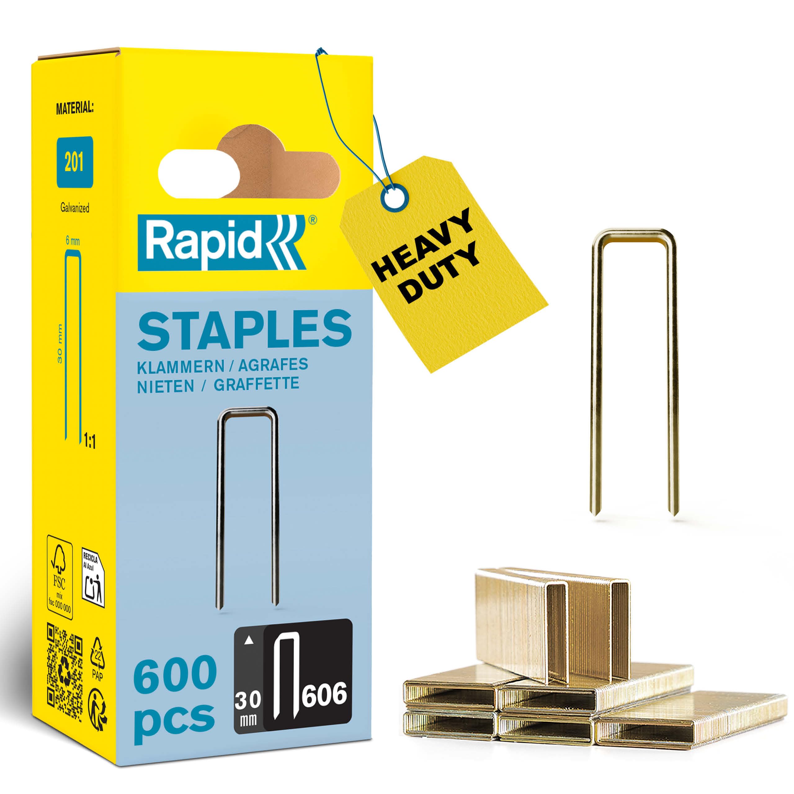 Rapid High-Performance Staples for Dense Materials, Narrow Crown No. 606, Leg Length 30mm, Staple Gun Staples, Resin-Coated Galvanised Steel, 600 Pieces, Narrow Blister (40109532)