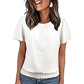 Falechay Blouses for Women Dressy Casual Cute Short Sleeve Shirts Ruffle Sleeve Tops for Women Blouses Summer Scoop Neck Pleated Front Casual Outfits White Tshirts S