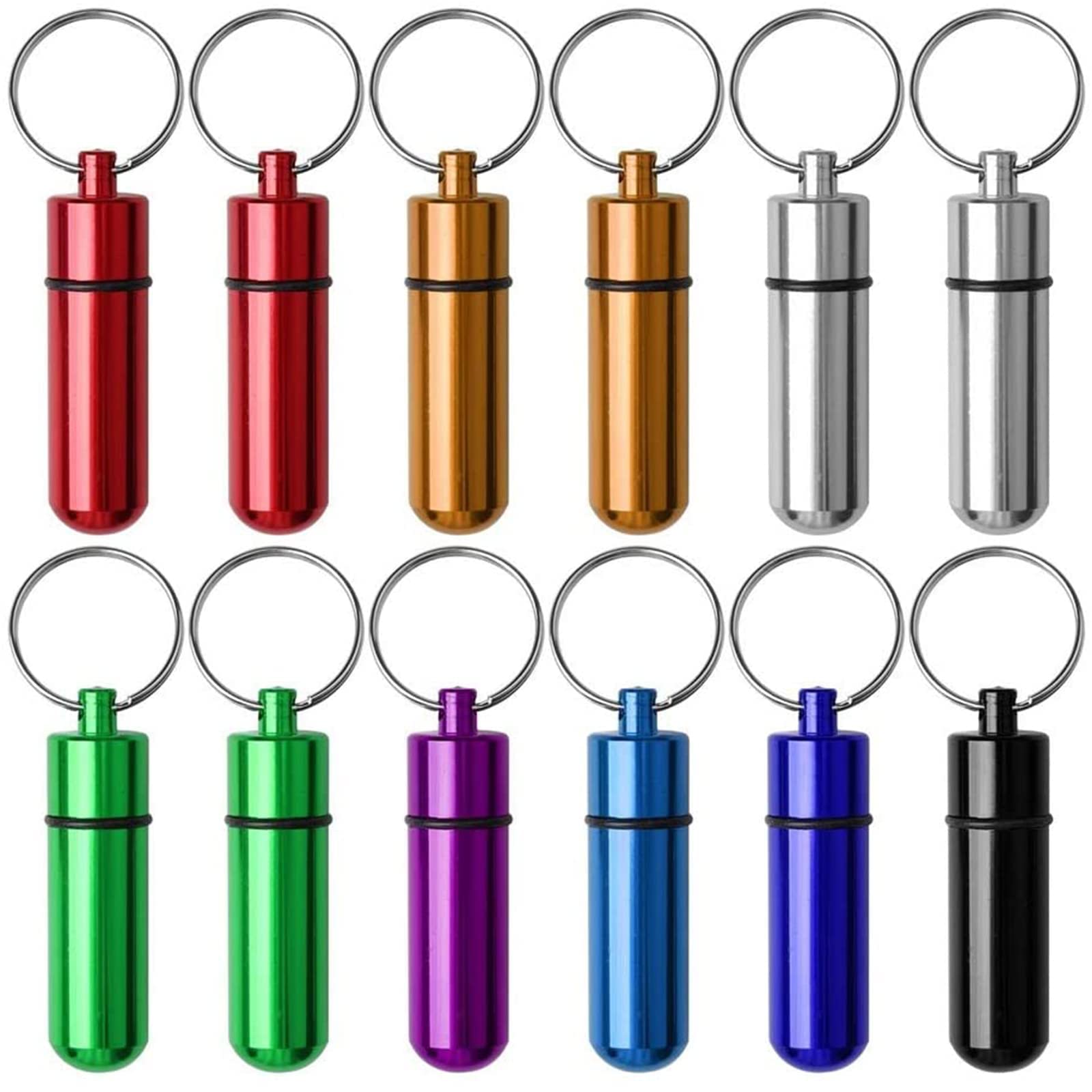 pengxiaomei 12 Pack Pill Box Keyring, Colourful Aluminum Alloy Pill Container Water Resistant Keychain Emergency Cash Stash Pill Holder for Outdoor Travel Camping (12pcs in 8 Colours)