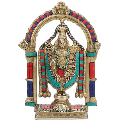 Kartique Big Brass Tirupati Balaji Statue - Hindu God Venkateswara Sculpture with Turquoise Inlay Shrine Figurine Home Decor (Height 13 Inches, Weight 4.4 Kg)