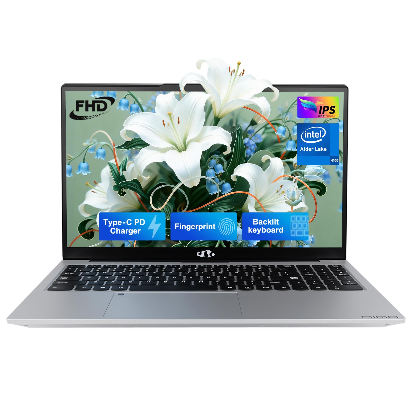 NIMO 15.6" IPS FHD-Laptop, Pentium Quad Core N100 4GB RAM 128GB SSD (Beat i3-1115G4, Up to 3.4GHz) Computer with Backlit Keyboard Fingerprint Type-C WiFi 6 BT5.2, for Student and Home Image