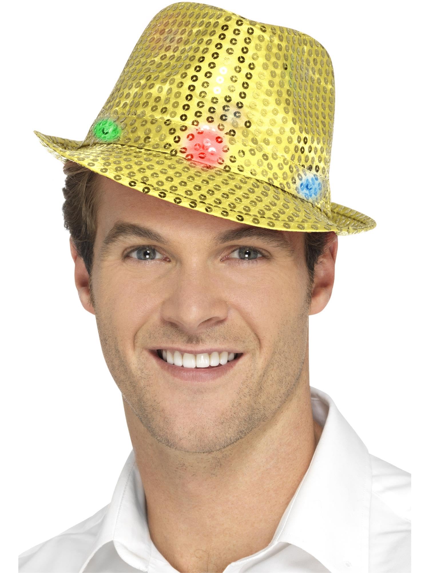 Smiffys Light Up Sequin Trilby Hat, Gold with Multi-Function LED Lights, Party & Carnival Fancy Dress, Party Dress Up Hats