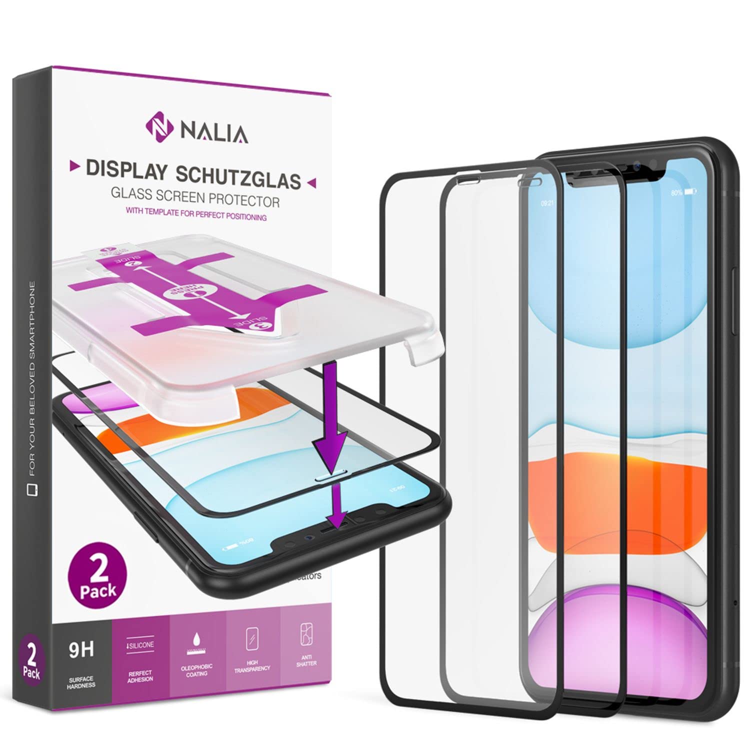 NALIA (2x) Screen Protector & Applicator compatible with iPhone 11 Pro Max/Xs Max, 9H Full-Cover Tempered Glass with Template for Easy Installation, Protective LCD Display Film - Transparent (black)