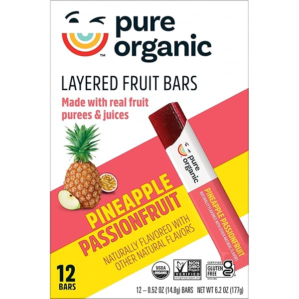 PURE ORGANIC, LAYERED FRUIT BARS, PINEAPPLE PASSIONFRUIT, GLUTEN FREE AND VEGAN FRUIT SNACKS, 6.2OZ BOX (12 COUNT)