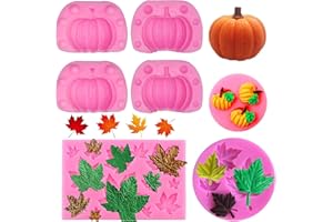 Rainmae 5Pcs Autumn 3D Pumpkin Silicone Mold, Mini Pumpkin Mold for Thankgiving Cupcake Molds, Maple Leaves Fondant Cake Decorating Chocolate Candy Clay Moulds for Fall Thanks Giving